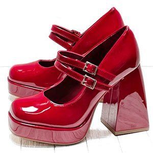 New Ruby Red Patent Mary Jane Platform Chunky Heel Pumps